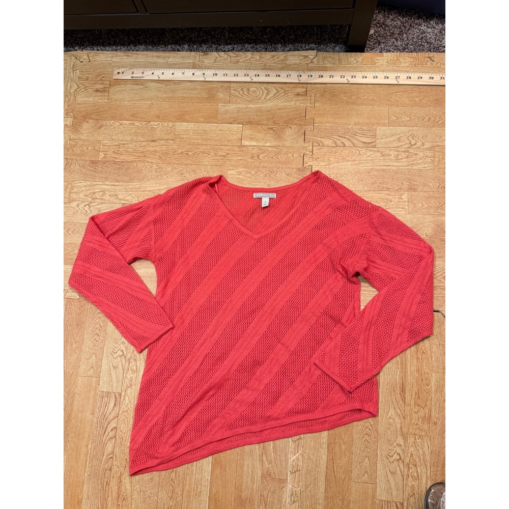 Dana Buchman Coral Pink V-Neck Open Knit Pointelle Asymmetrical Sweater Medium